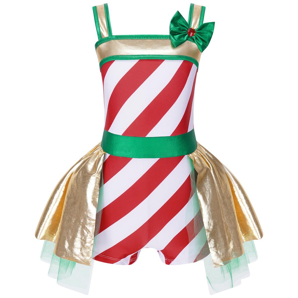 Girls Christmas Jumpsuit Striped Design Rhinestone Bow Adorned Ruffle Skirt Shorts Bodysuit Cosplay Costume