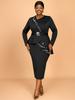 Elegant Black Plus Size Midi Dress with Long Sleeves Asymmetrical Peplum and Rhinestone Belt Bodycon Party Dresses for Women Formal Office Wear