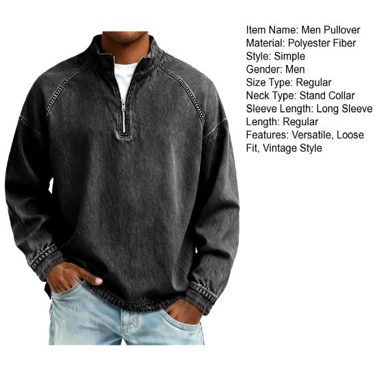 Мужской джинсовый пуловер на четверть молнии со стойкой воротником, винтажная повседневная толстовка с эффектом потертости, свободная толстовка с высоким воротником для вечеринки, улицы, отпуска