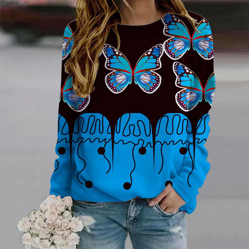 Осенняя женская мода с круглым вырезом и длинным рукавом, свободная одежда, синяя футболка с принтом в виде пятнистой бабочки для девочек, уличная