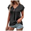 Casual Loose Women Short-Sleeved V-neck Button Pullover Solid Color T-shirt Top