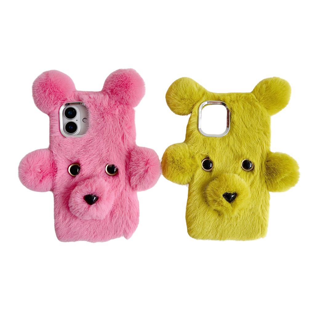 Чехол для iPhone 16 3D Медведь Искусственный Мех Пушистый Внутренний ТПУ Чехол для Телефона