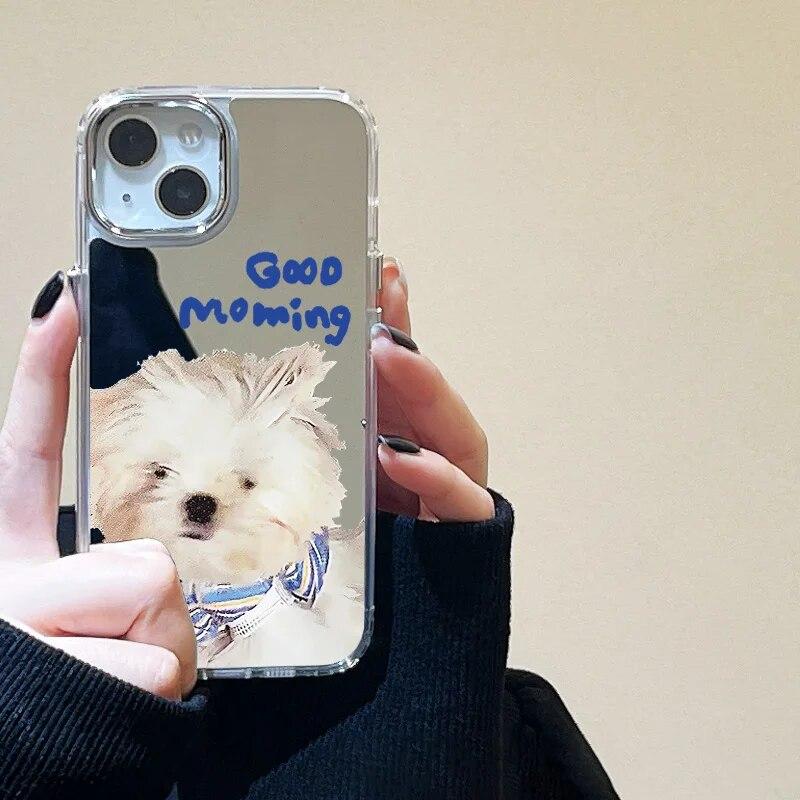 Cute Cartoon Animals Makeup Mirror Phone Case For iPhone 13 Case iPhone 12 11 15 14 Pro Max XR XS Max X Silicone Soft Back Cover