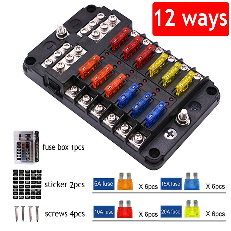Car Boat Fuse Box Holder With 6 Way 12 Way Blade Fuse Holder Block & Warning Indicator 12V 36V Power Distribution Panel Board