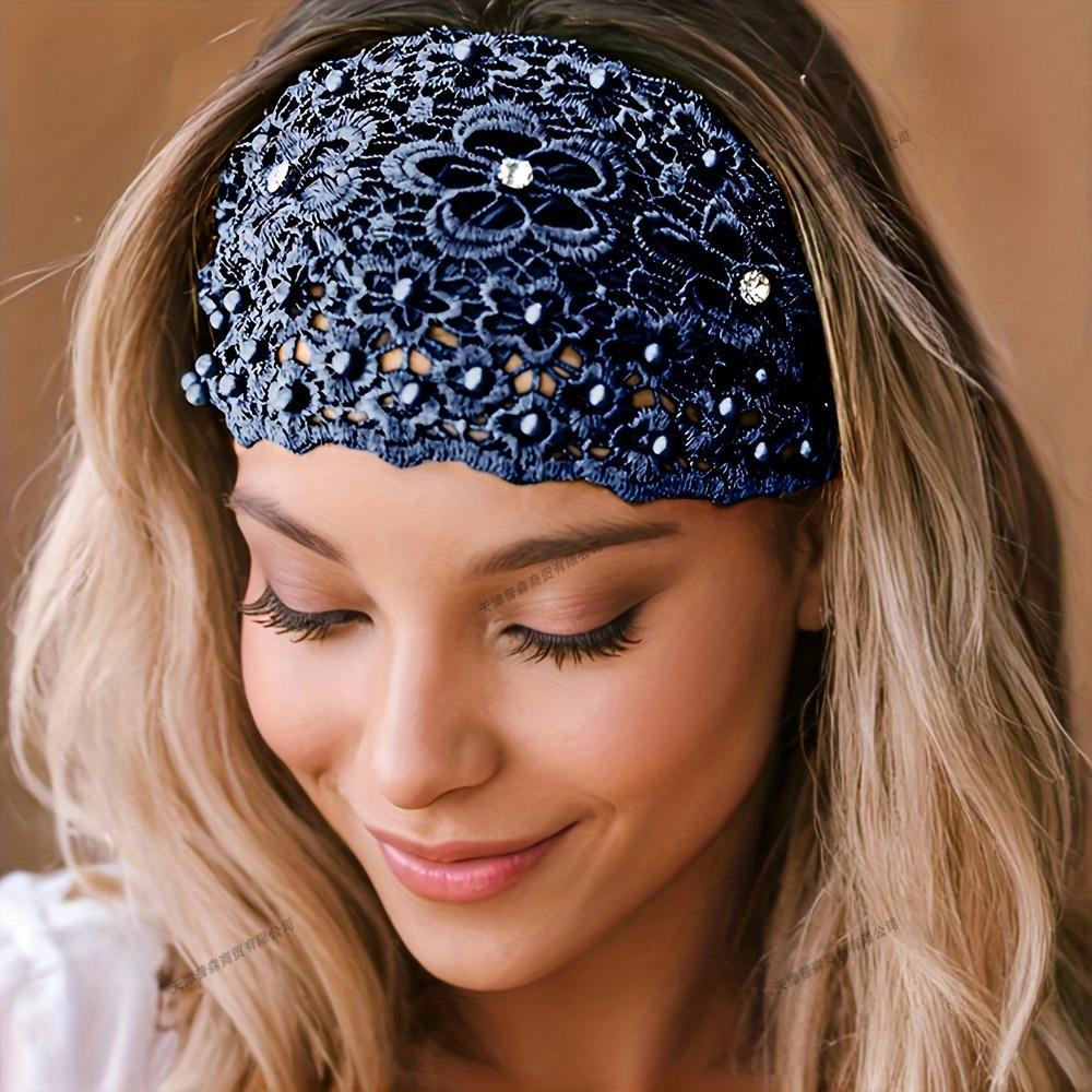 Floral Lace Headband with Crystal Bead Wide Elastic Breathable Hair Band for Women Fashion Hair Accessories Casual Party Wedding