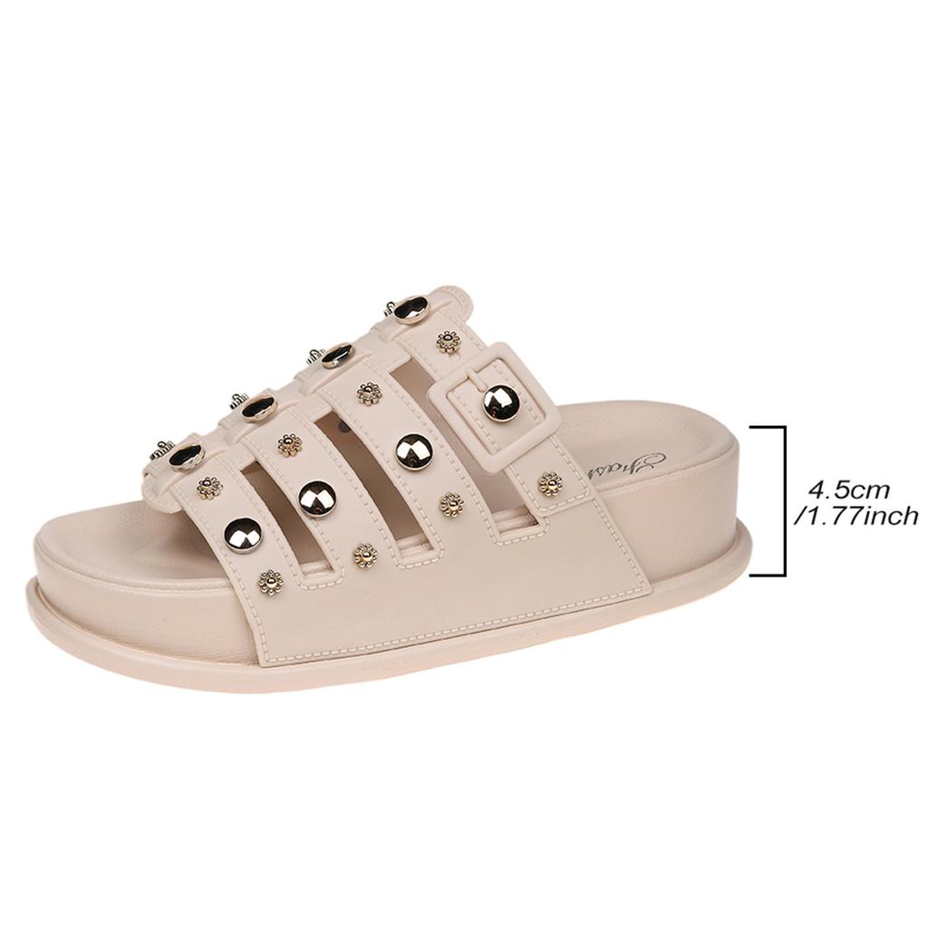 Летние Новые Модные Дизайнерские Женские Шлепанцы с Заклепками Уличные Повседневные с Круглым Носком на Толстой Подошве Кожаные Пляжные Вечерние Женские Шлепанцы