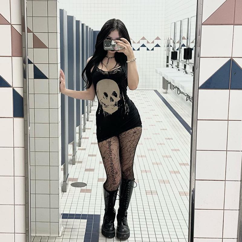 AltGoth Cyber Punk Gothic Dress Women Streetwear Harajuku Skull Printed Sleeveless High Waist Bodycon Dress Grunge Rave Outfits