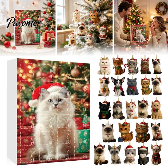 Cute Cat Decorations 24 Day Advent Calendar with Acrylic Christmas Ornaments, 2D Flat Holiday Home Decoration Hanging Decorations, Xmas Tree
