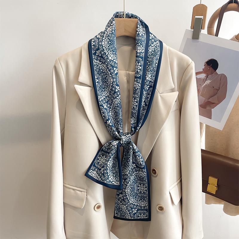 Women Silk Feel Printed Design Scarf Shawl Fashion Luxury Long Narrow Small Silk Scarves Ladies Headband Headscarve Bags Wrap