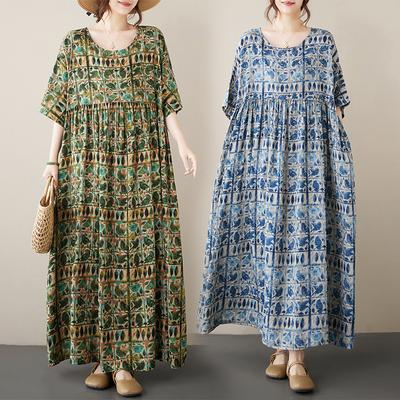 Летнее художественное ретро свободное повседневное платье с принтом средней длины с короткими рукавами для женщин повседневные платья