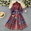 Spring Summer Women Vintage Palace Print Runway Dress Single Breasted Long Maxi Holiday Beach Thin Dresses with Belt