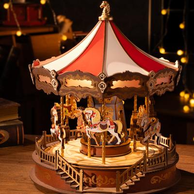 3D деревянная головоломка карусель музыкальная шкатулка со светодиодными огнями шестеренка модель здания конструктор наборы для творчества рождественские подарки для взрослых