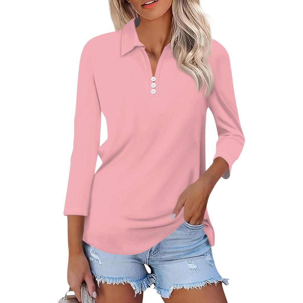 Women's Fashion Casual Lapel 3/4 Sleeve Shirt Women's Button Up Tops