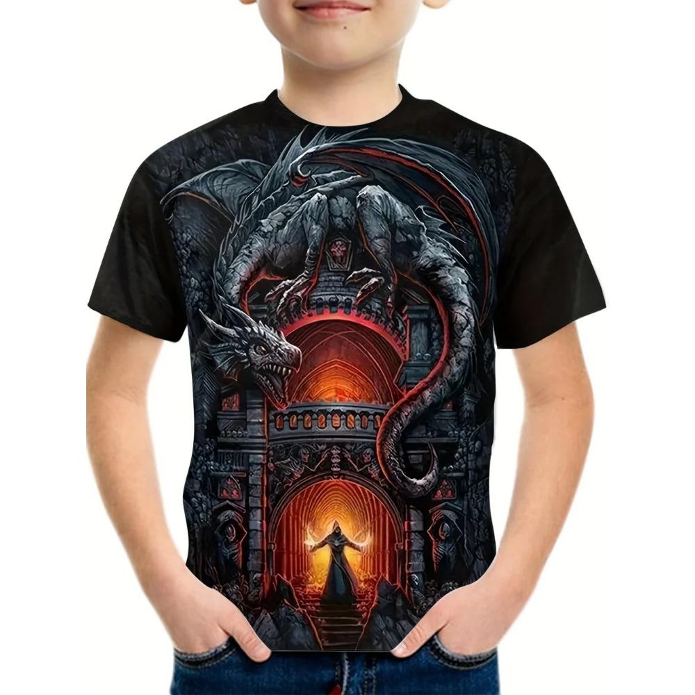 Boy realistic 3D dinosaur print children's short sleeved summer casual top loose T-shirt children's clothing