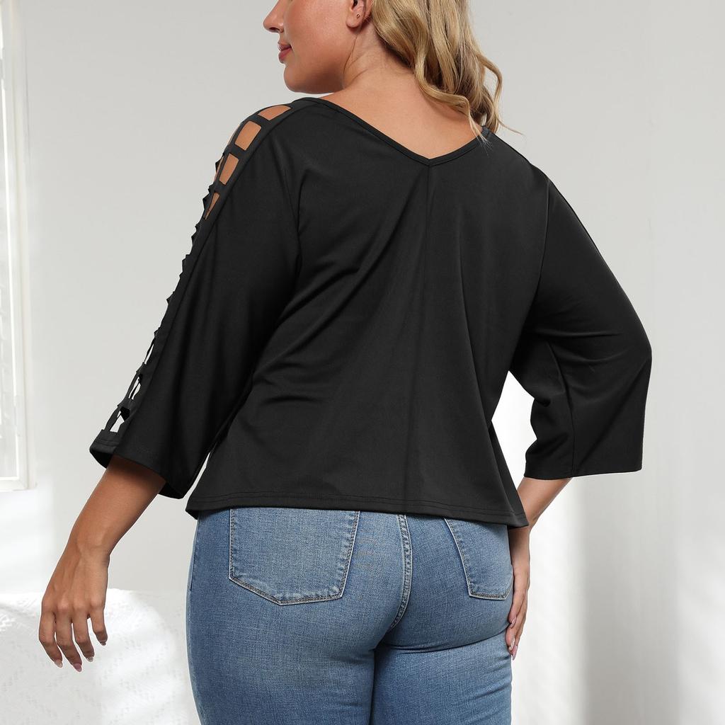 Женский летний повседневный модный сексуальный удобный свободный топ большого размера с полым v-образным вырезом, однотонный топ с рукавами три четверти