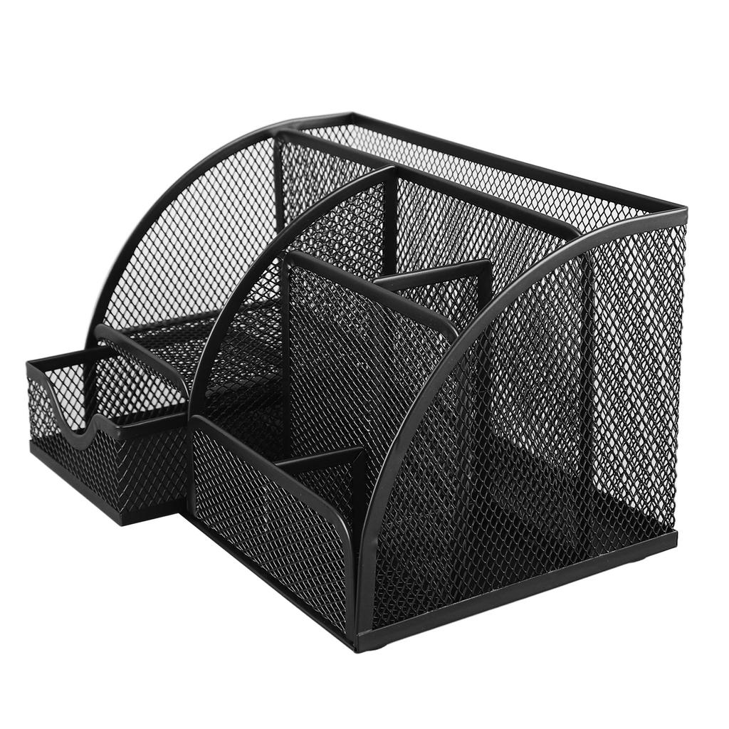 Сетчатый офисный настольный органайзер, многофункциональный, металлический, с 7 отделениями, держатель для ручек с ящиком, черный