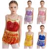 Kids Girls Shiny Sequin Metallic Dance Bodysuit Adjustable Straps Sequin Fringe Boyleg Jumpsuit for Latin Samba