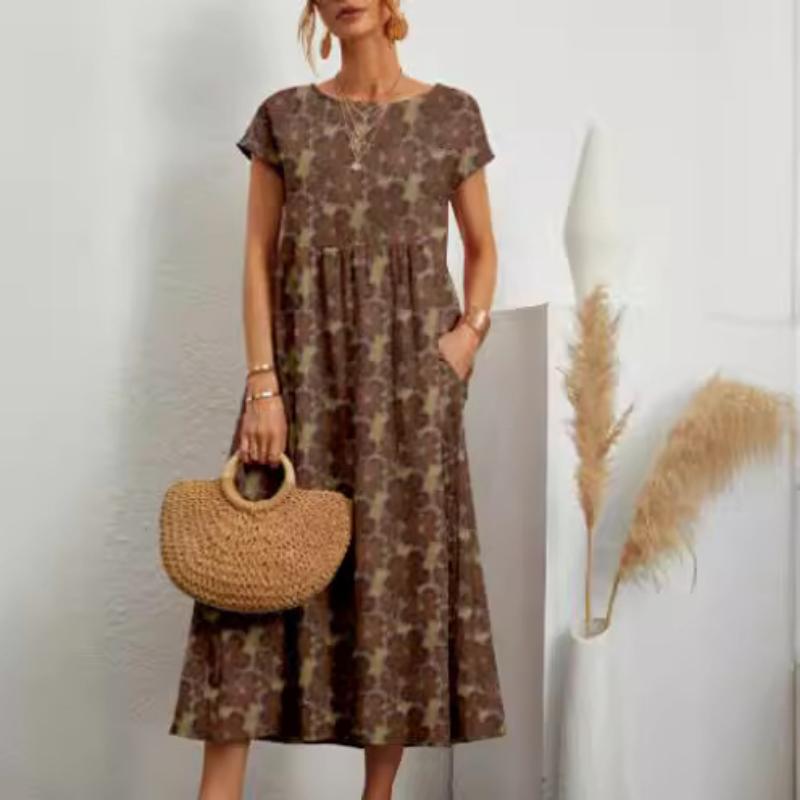 Women's Summer Cotton Linen Dress, Fashion Loose Floral Print Round Neck Short Sleeve Midi Casual Dress with Pockets
