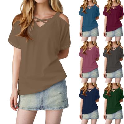 Женская однотонная повседневная футболка с открытыми плечами, V-образным вырезом и короткими рукавами