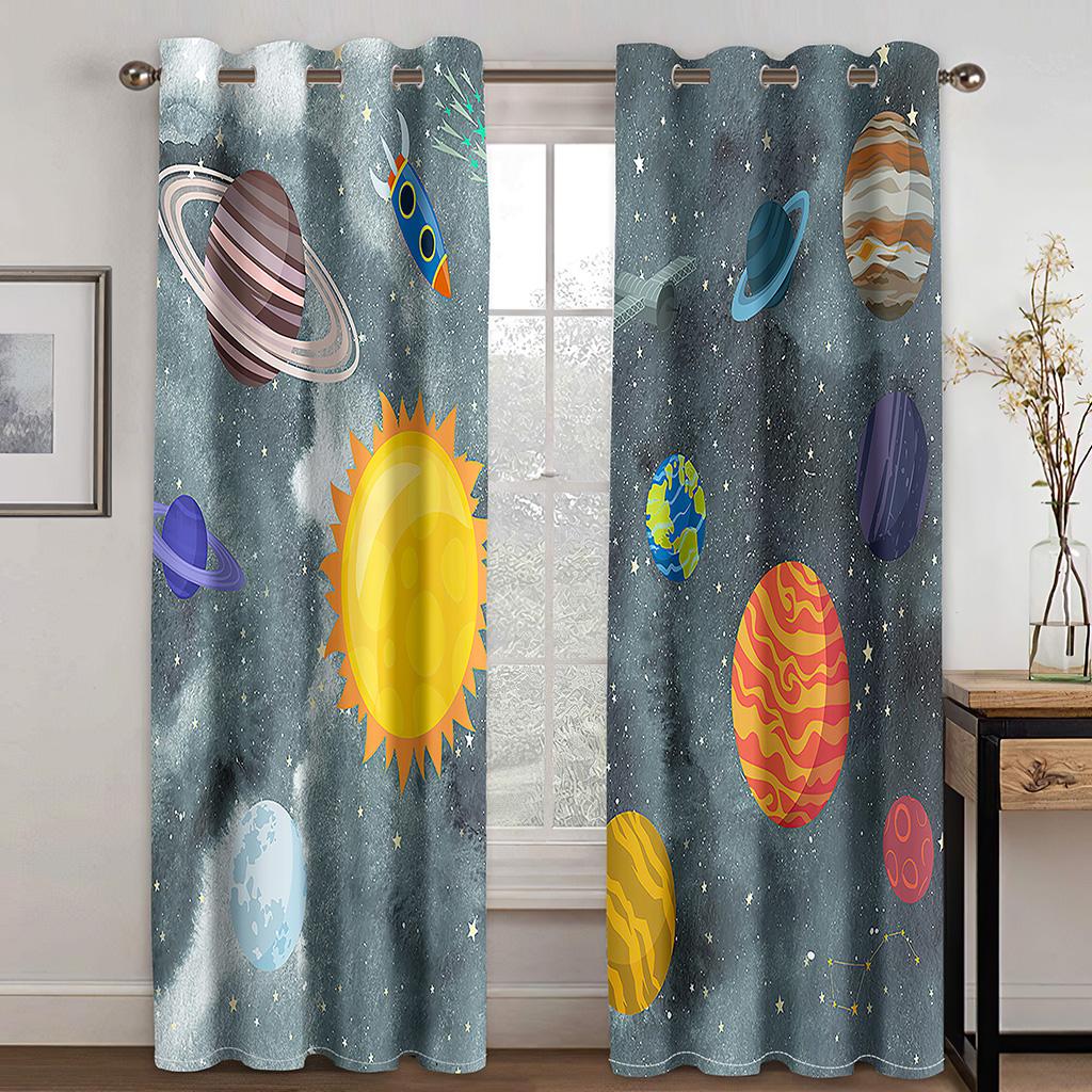 3D-принт с рисунком в виде мультяшного космоса, галактики и звезд, тонкая полузатеняющая оконная занавеска для детской спальни для мальчиков, гостиной, дома, крючком