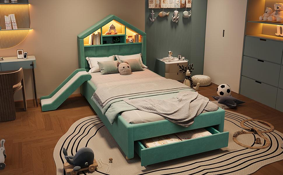 Kids' Bed 90x200 cm in Blue-Green, Upholstered House Bed with Slide Mountable Left/Right, LED Lighting, Charging Port, Headboard and Large Drawer
