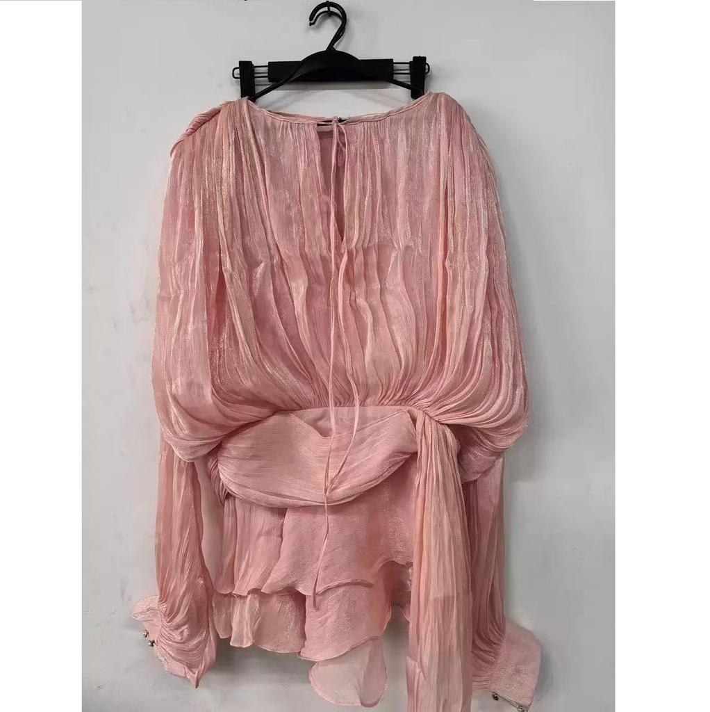 French Style Bubble Sleeve Ruffle Edge Short Skirt Two-piece Set with Pleated Design, Short Dress