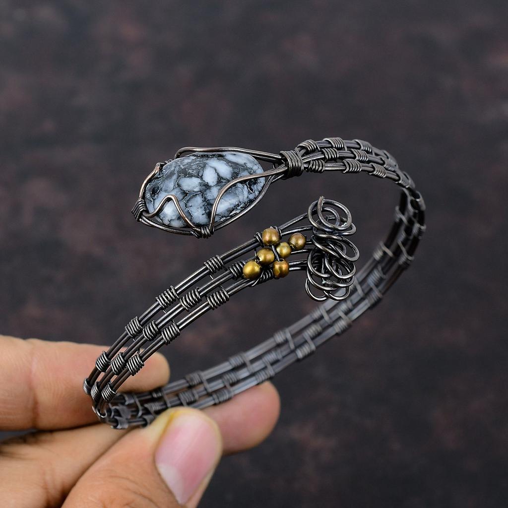 Браслет-манжета из медной проволоки Pinolith Jasper, уникальная ручная работа, регулируемый браслет из медной проволоки, свадебный подарок