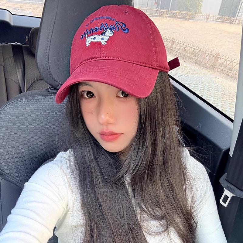Korean version of puppy embroidery red baseball cap women's spring new big brim cap enlarged and deepened hat