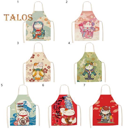 Cooking Bib Breathable Dustproof Washable Fashion Lucky Cats Printed Cooking Apron for BBQ