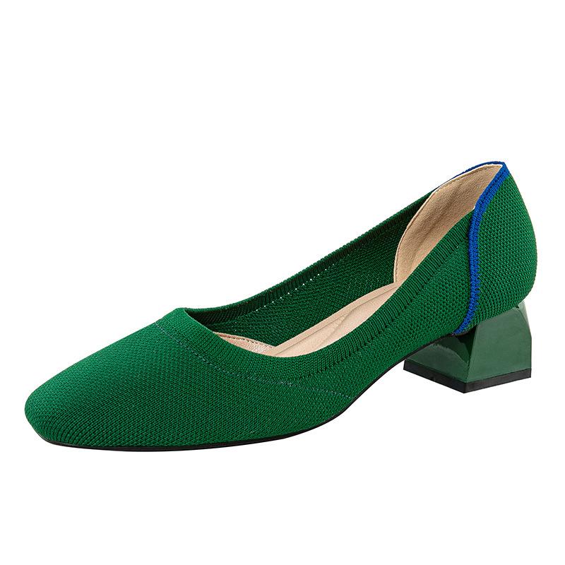 Туфли-лодочки для женщин на толстом блочном каблуке с квадратным носком, удобные вязаные туфли без застежек для ходьбы для женщин, повседневная нарядная обувь, классические офисные туфли на низком каблуке