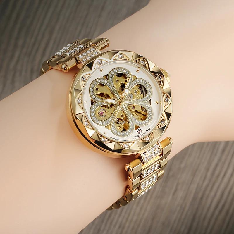 Forsining Elegant Fashion Women Automatic Mechanical Watches Luxury Diamond Stainless Steel Waterproof Ladies Stylish Wristwatch