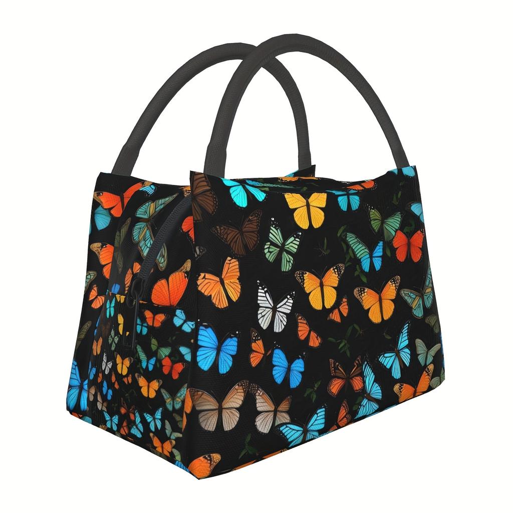 Colorful Butterfly Print Insulated Lunch Bag Durable Polyester Oxford Cooler Tote Bag for Women