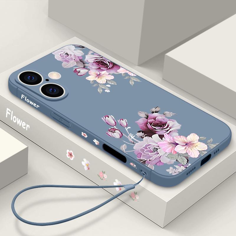 Фиолетовый цветочный узор Ударопрочный чехол для iPhone 16 17 Pro Max 15 Pro 14 13 12 11 Ремешок TPU Защита объектива Матовый мягкий чехол для телефона