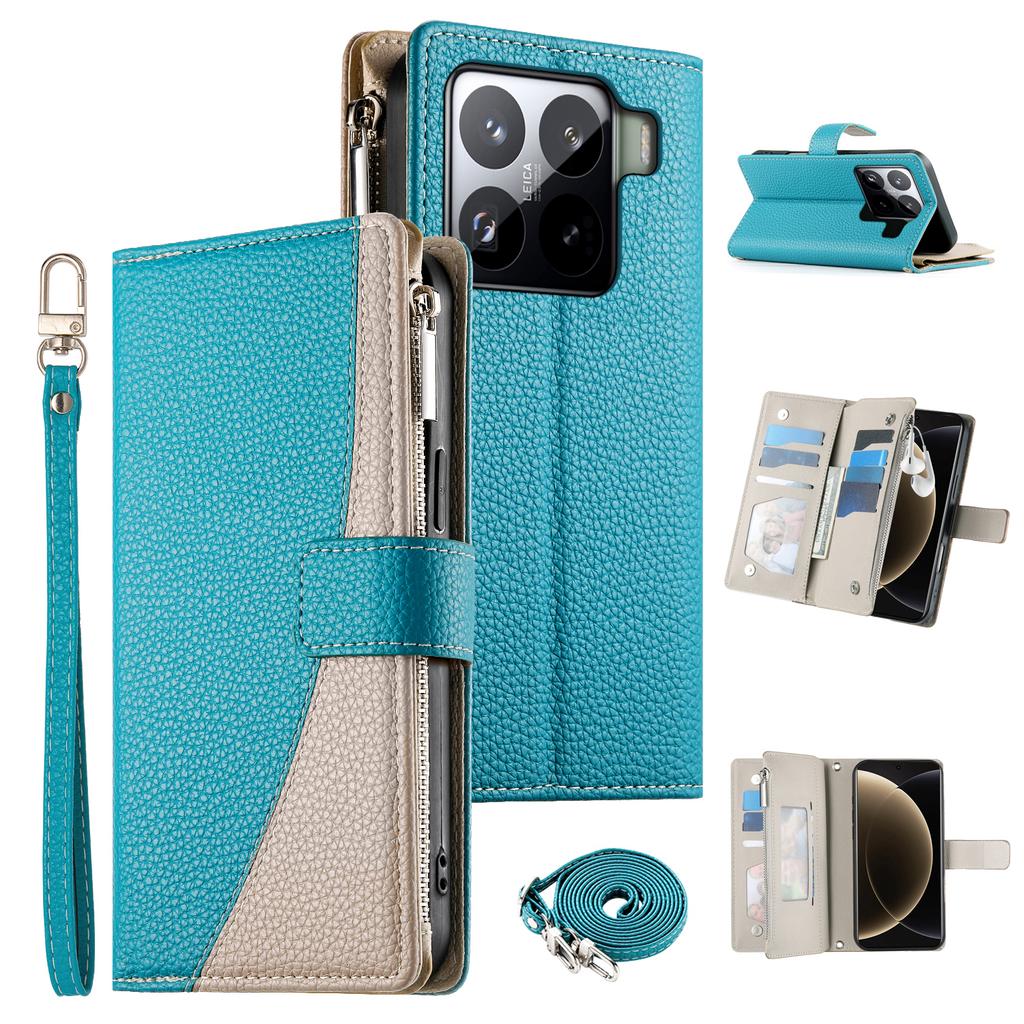 For Xiaomi 15 Pro Case Zipper Wallet Color Splicing Leather Flip Phone Cover with Straps