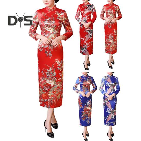 Women Dress Chinese National Style Floral Print Stand Collar Three Quarter Sleeves High Side Split Chinese Knot Buttons Cheongsam Satin Silky Slim