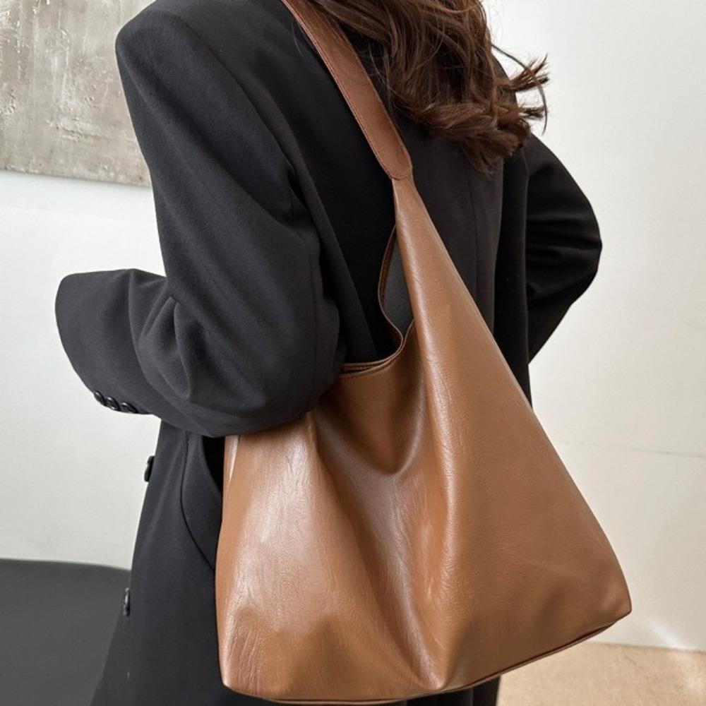 Solid Color Women Handbag Large Capacity Underarm Bag Simple Soft PU Shoulder Bag  Shopping