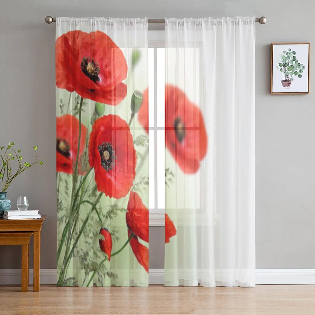 Poppies White Background Tulle Curtain For Living Room Sheer Valance Curtain For Kitchen Bedroom Window Drapes