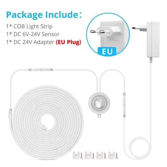 Ультраяркая светодиодная лента COB 24 В с датчиком движения PIR, 320 светодиодов/м, водонепроницаемая неоновая лента, лампа 3000K, 4000K, 6000K