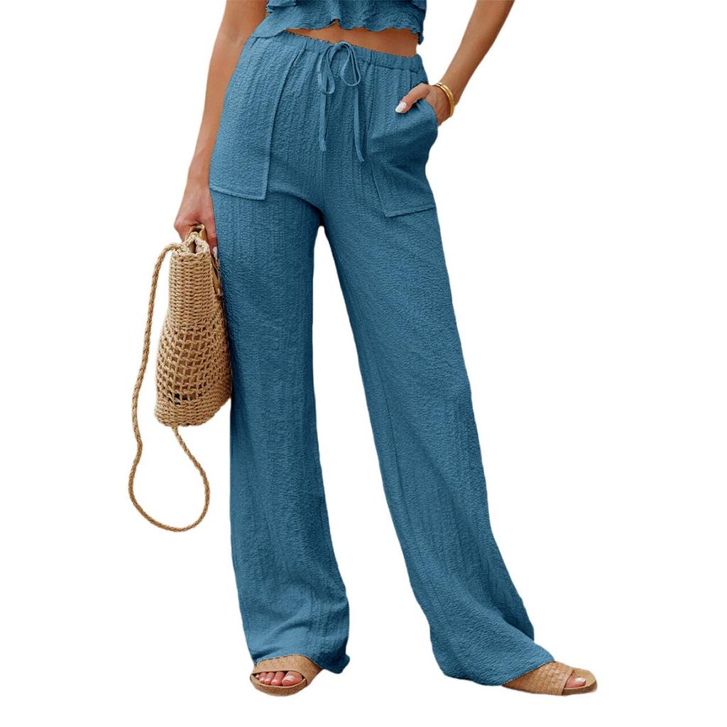 Женские модные однотонные повседневные брюки с высокой талией и эластичным поясом на карманах