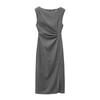 2025 Spring/Autumn Women's Sleeveless Round Neck Midi Dress with Waist Pleats