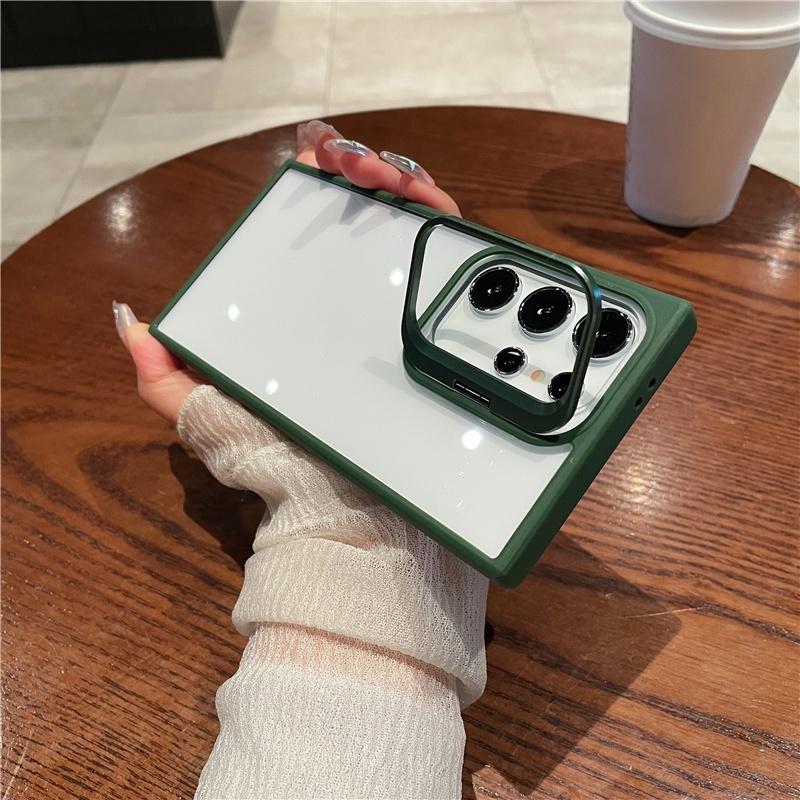 Luxury Camera Metal Fold Stand Holder Clear Case For Samsung Galaxy S24 S23 Ultra Plus Shockproof Transparent Hard PC Back Cover