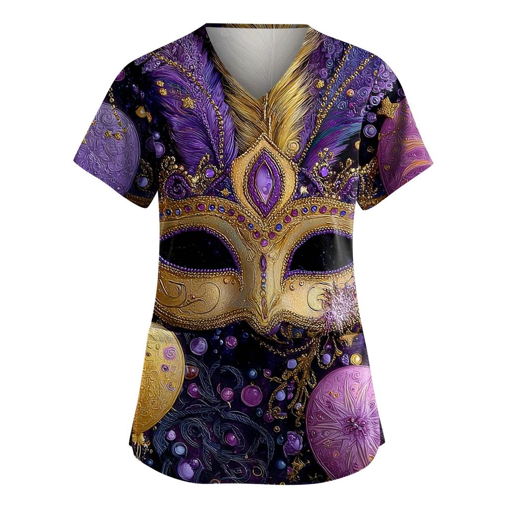 Женская модная рабочая одежда с V-образным вырезом и короткими рукавами, с карманами, топ с карнавальным принтом, униформа для сиделки