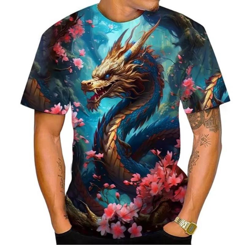 Dragon Floral 3D Print T-Shirts Men Fashion O-Neck Short Sleeve T Shirt Oversized Harajuku Y2k Tops Tees Men Clothing