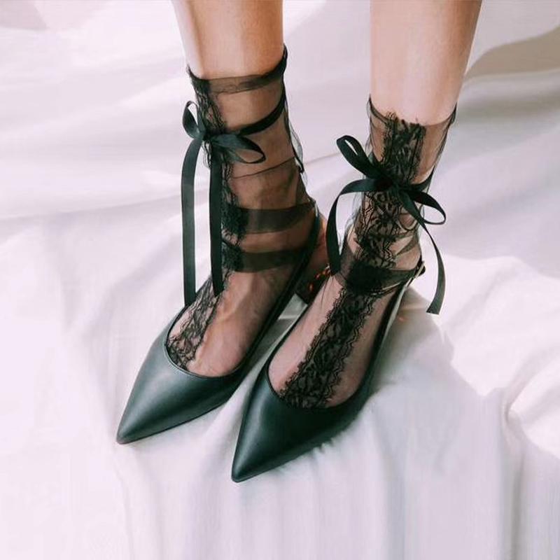 Sexy Lace Socks Women's Transparent Mesh Ultra-Thin Bow Cute Socks for Ladies Fashion Lolita 2023 New Black White Socks Women