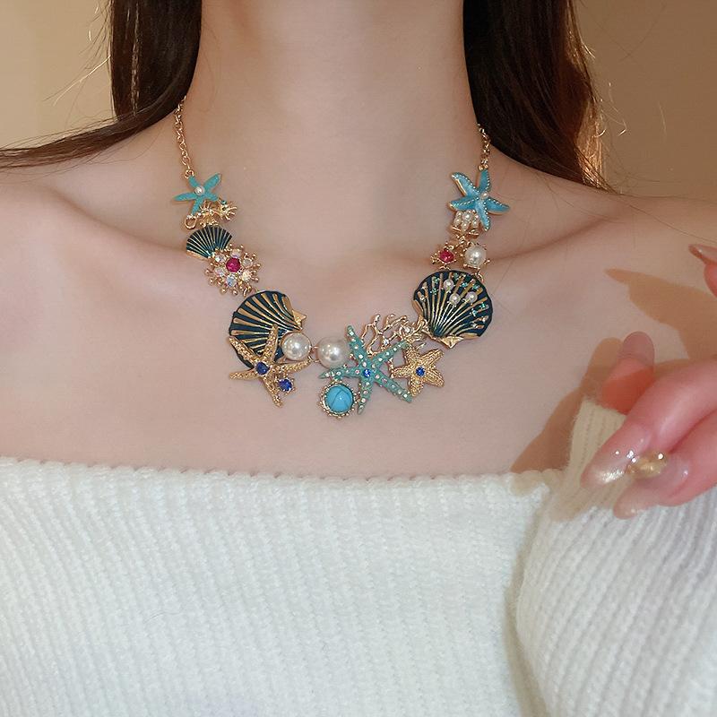2025 Luxury Beach Multicolor Starfish Shell Necklace Earrings Women Pearls Shining Rhinestones Blue Ocean Elegant Y2K Jewelry