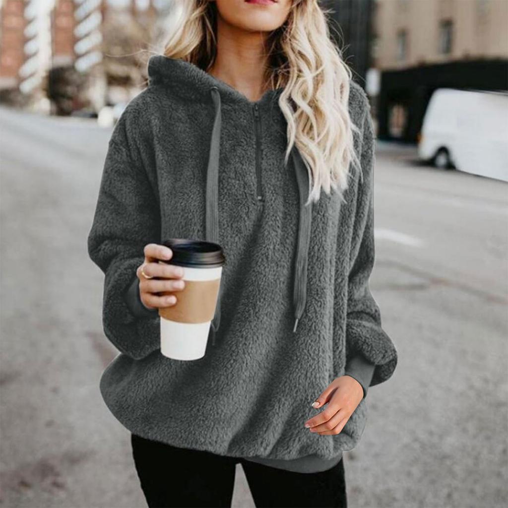 Женская модная однотонная толстовка с капюшоном и длинными рукавами на молнии из плюша