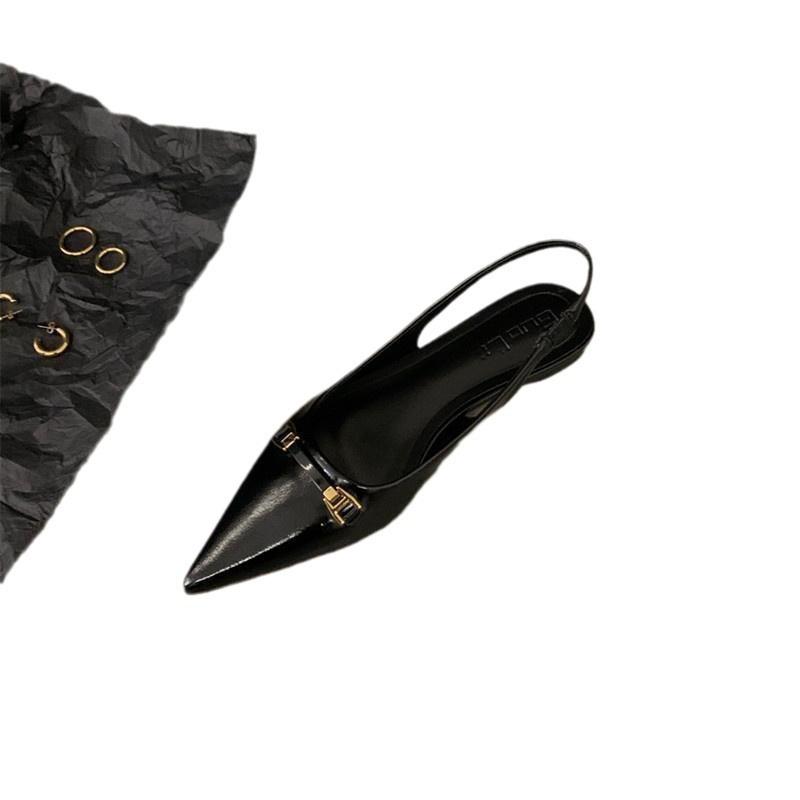 2025 новые летние французские сандалии на плоской подошве, нескользящие, черные, с закрытым носком, женские, универсальные, со стразами, с острым носком, темпераментные, одинарные туфли