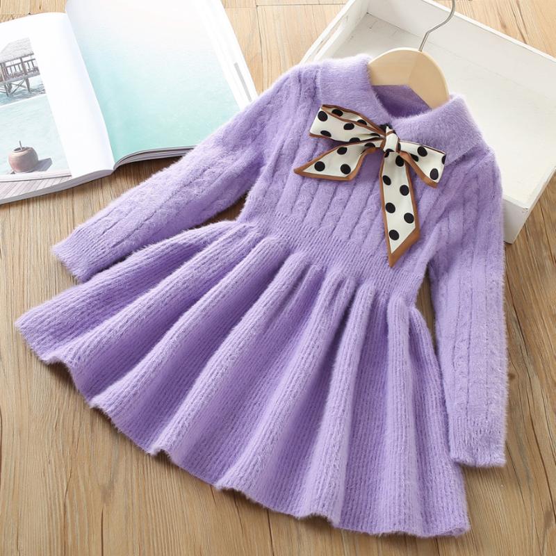 Детское платье с длинными рукавами, новые модные вязаные платья-свитера для девочек, повседневное плиссированное платье трапециевидной формы с лацканами для детей
