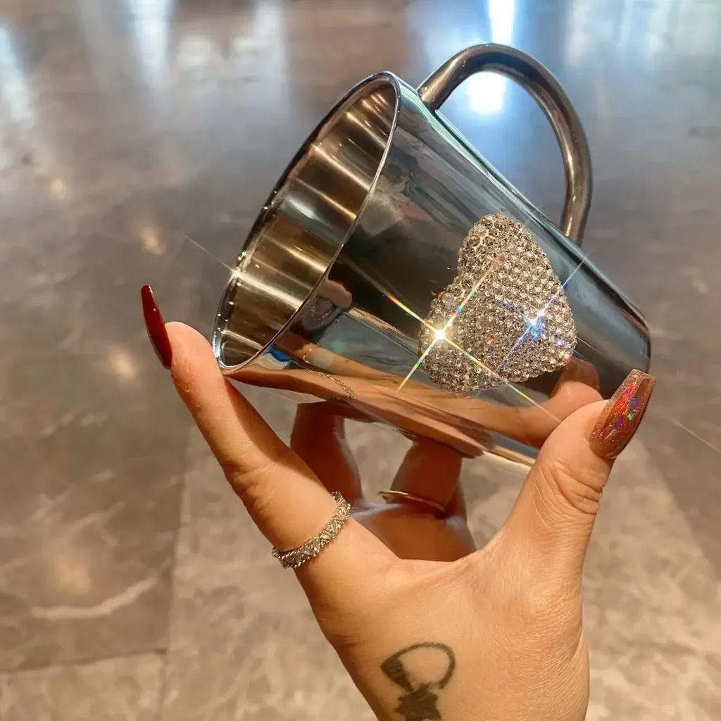 Кружка для кофе Bling Mug Rhinestone Heart с двойными стенками из нержавеющей стали, 300 мл, переносной дорожный стакан, чашка для чая с молоком, кружки для воды