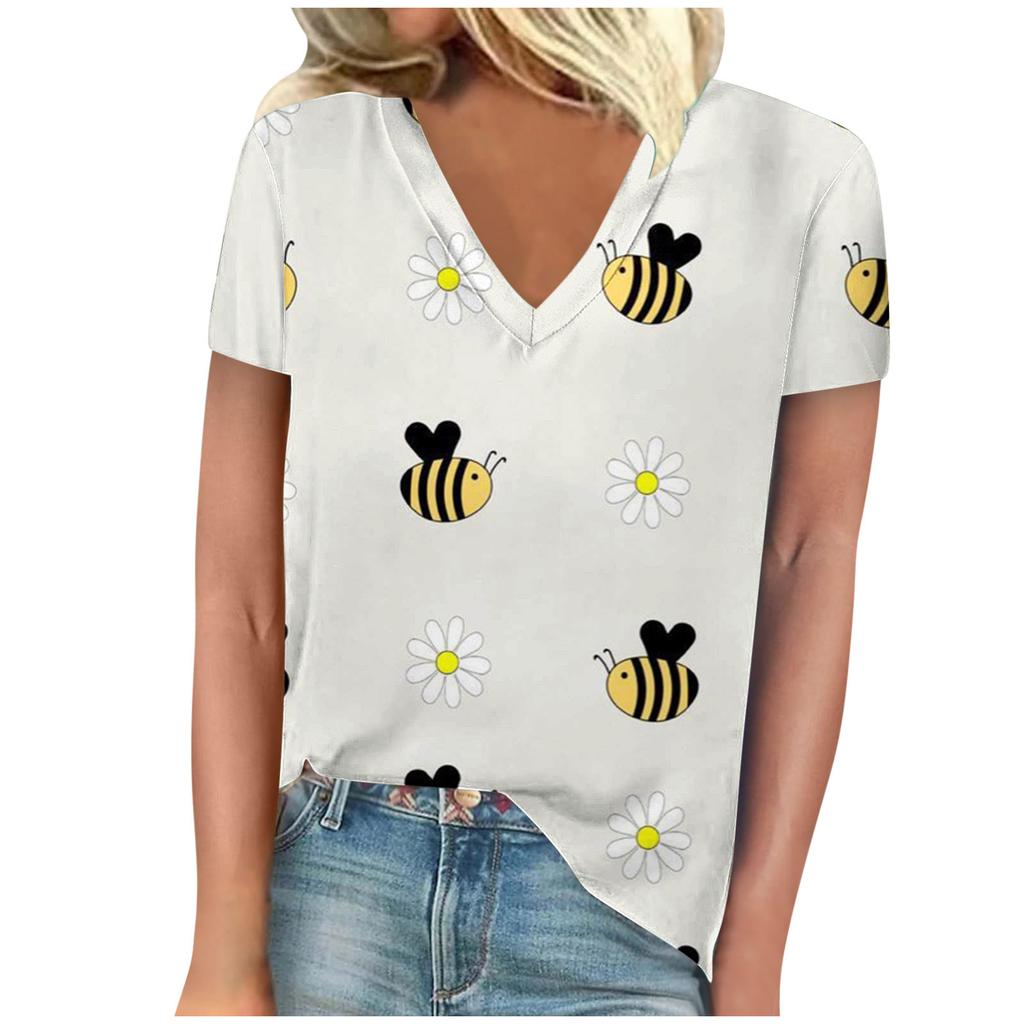 Винтажная женская футболка с принтом пчелы, с коротким рукавом, с V-образным вырезом, удобные футболки